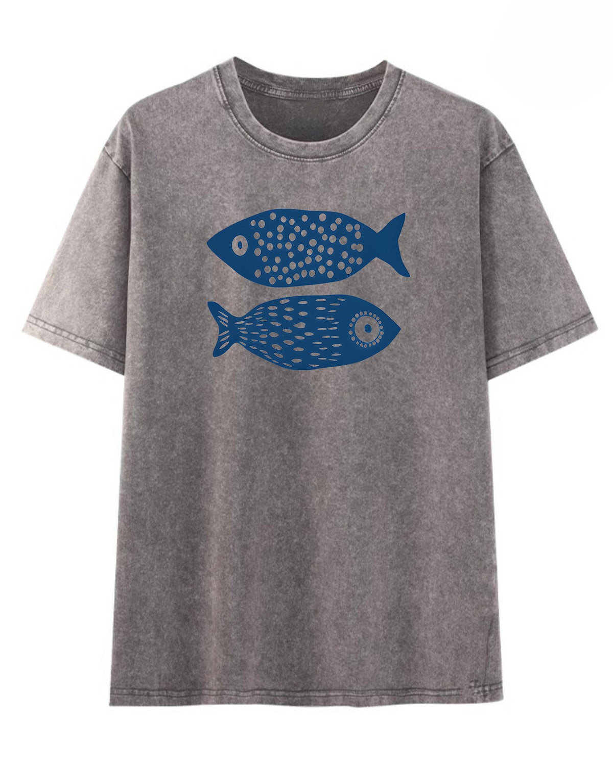 Faded Wash Fish Graphic Crew Neck Tee - Grey