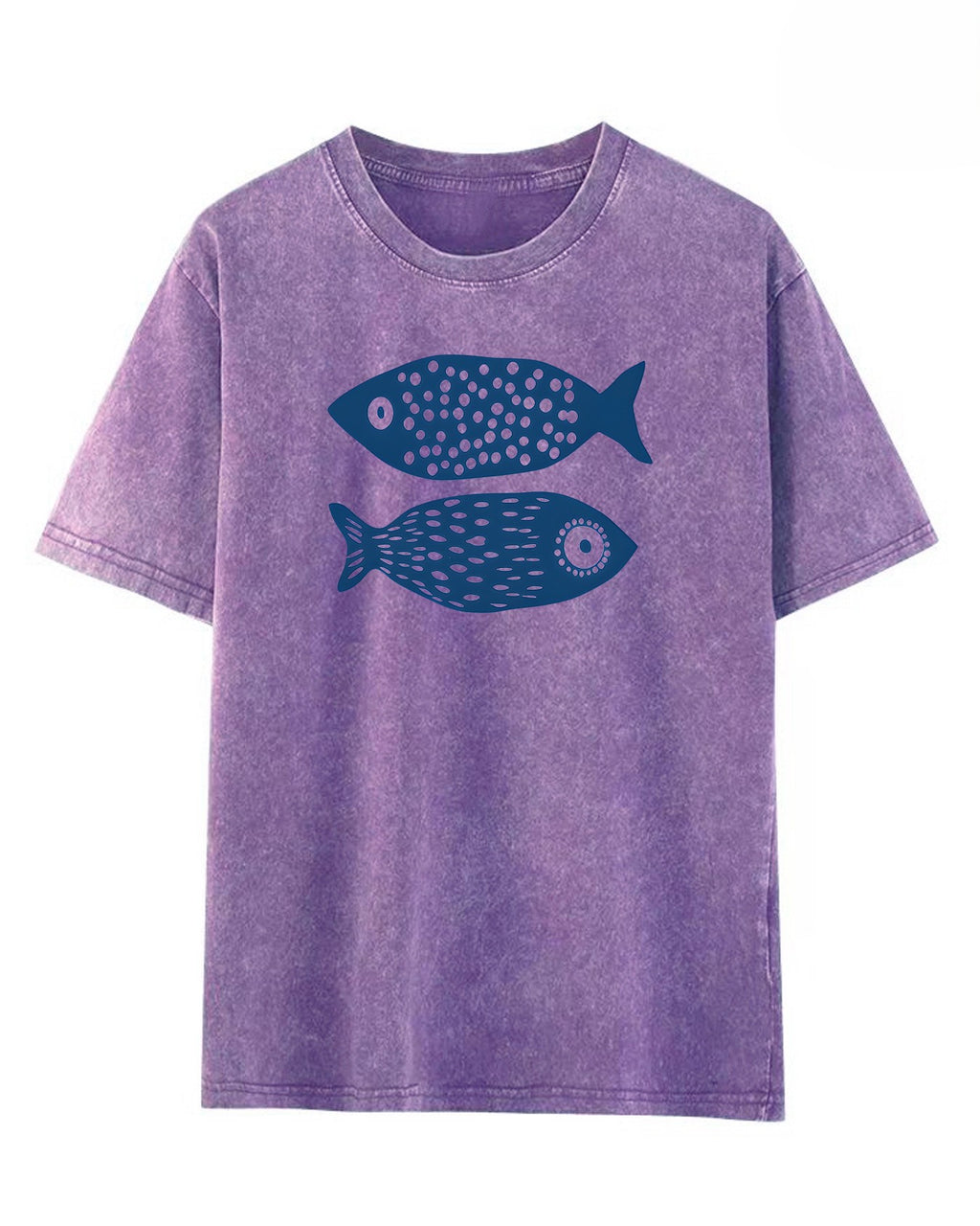 Faded Wash Fish Graphic Crew Neck Tee - Purple