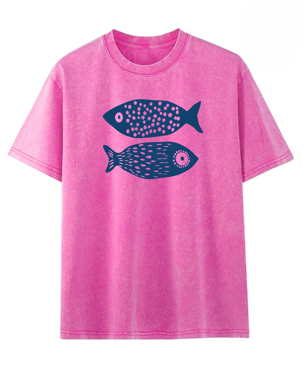 Faded Wash Fish Graphic Crew Neck Tee - Rose-Red