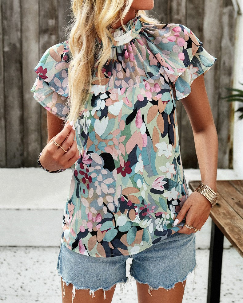 Ruffle Neck Flutter Sleeve Floral Blouse - Green - 1