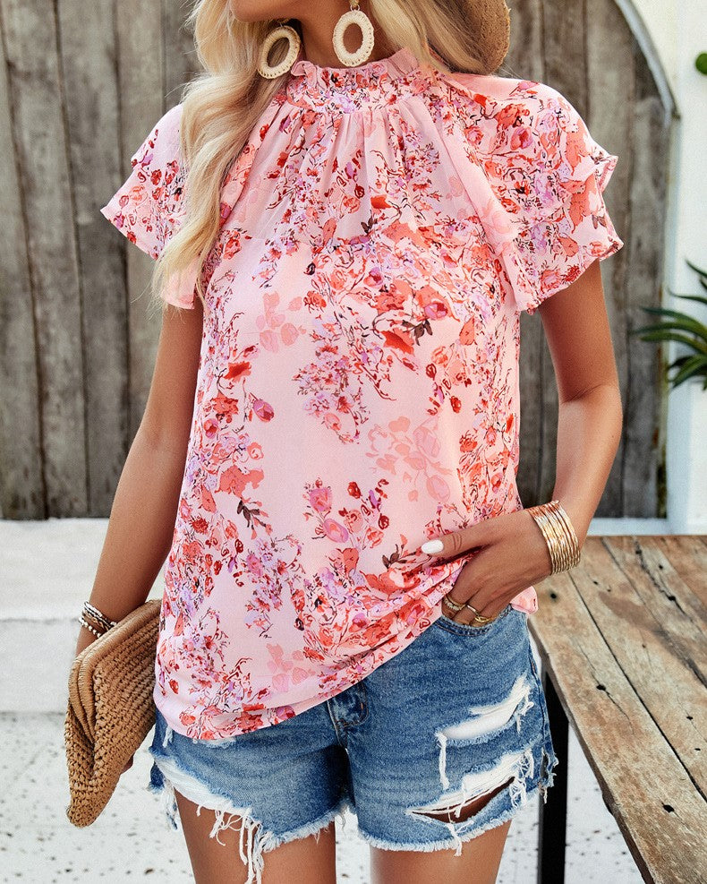 Ruffle Neck Flutter Sleeve Floral Blouse - Pink - 1