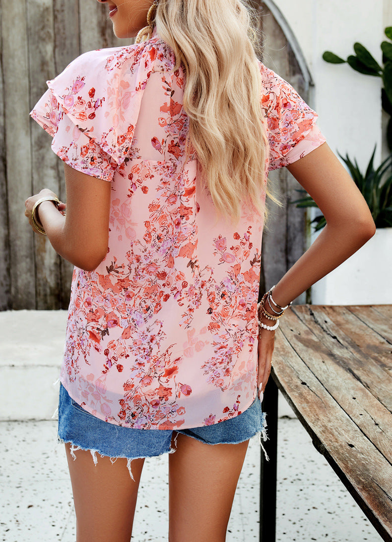 Ruffle Neck Flutter Sleeve Floral Blouse - Pink - 3