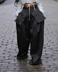 Flap Pocket Pleated Wide Leg Cargo Pants - Black