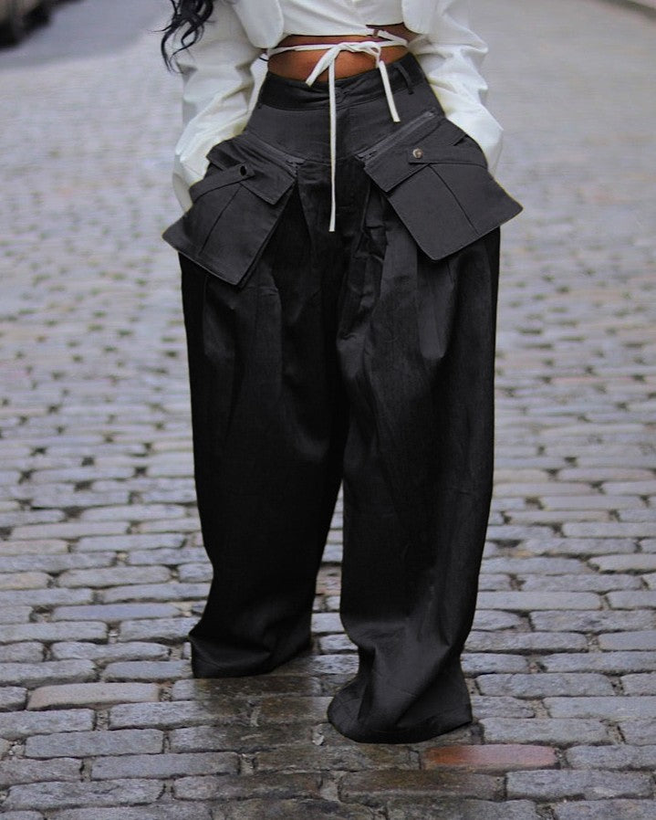 Flap Pocket Pleated Wide Leg Cargo Pants - Black