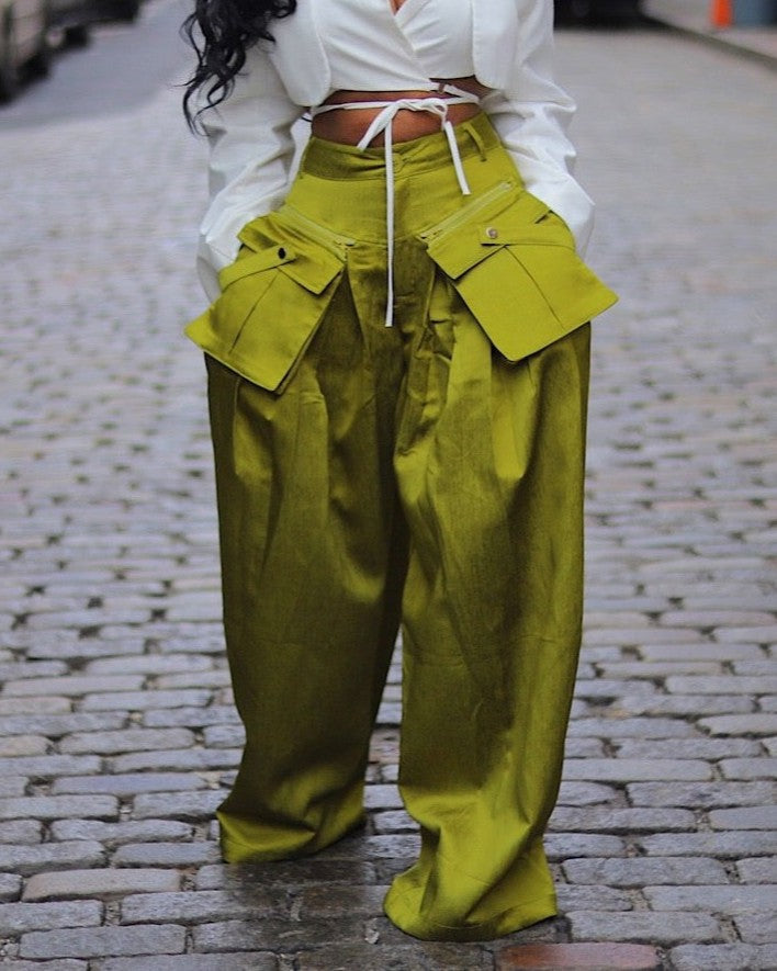 Flap Pocket Pleated Wide Leg Cargo Pants - Green
