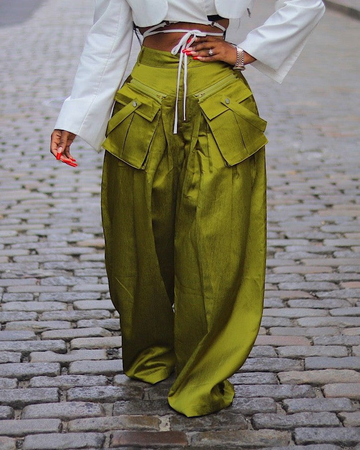Flap Pocket Pleated Wide Leg Cargo Pants - Green - 1