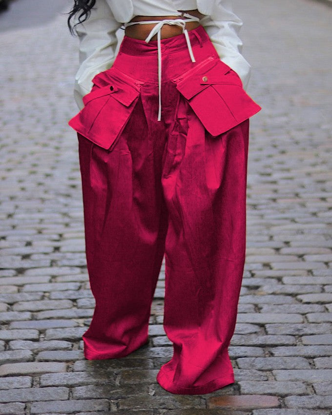 Flap Pocket Pleated Wide Leg Cargo Pants - Rose-Red