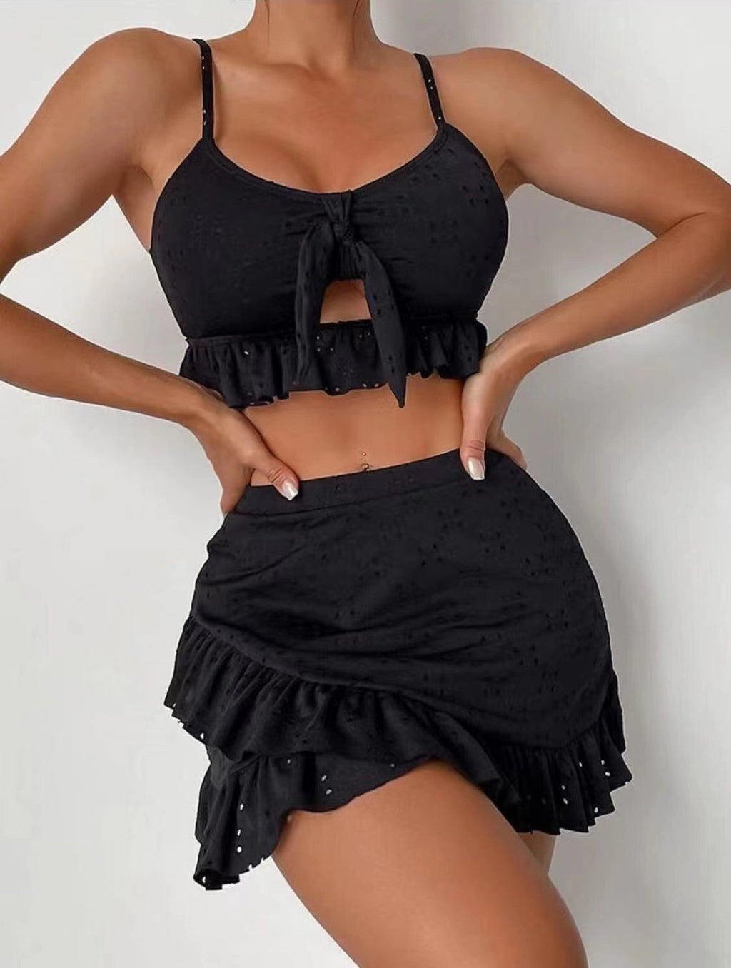 Eyelet Tie Front Bikini and Ruffle Skirt - Black
