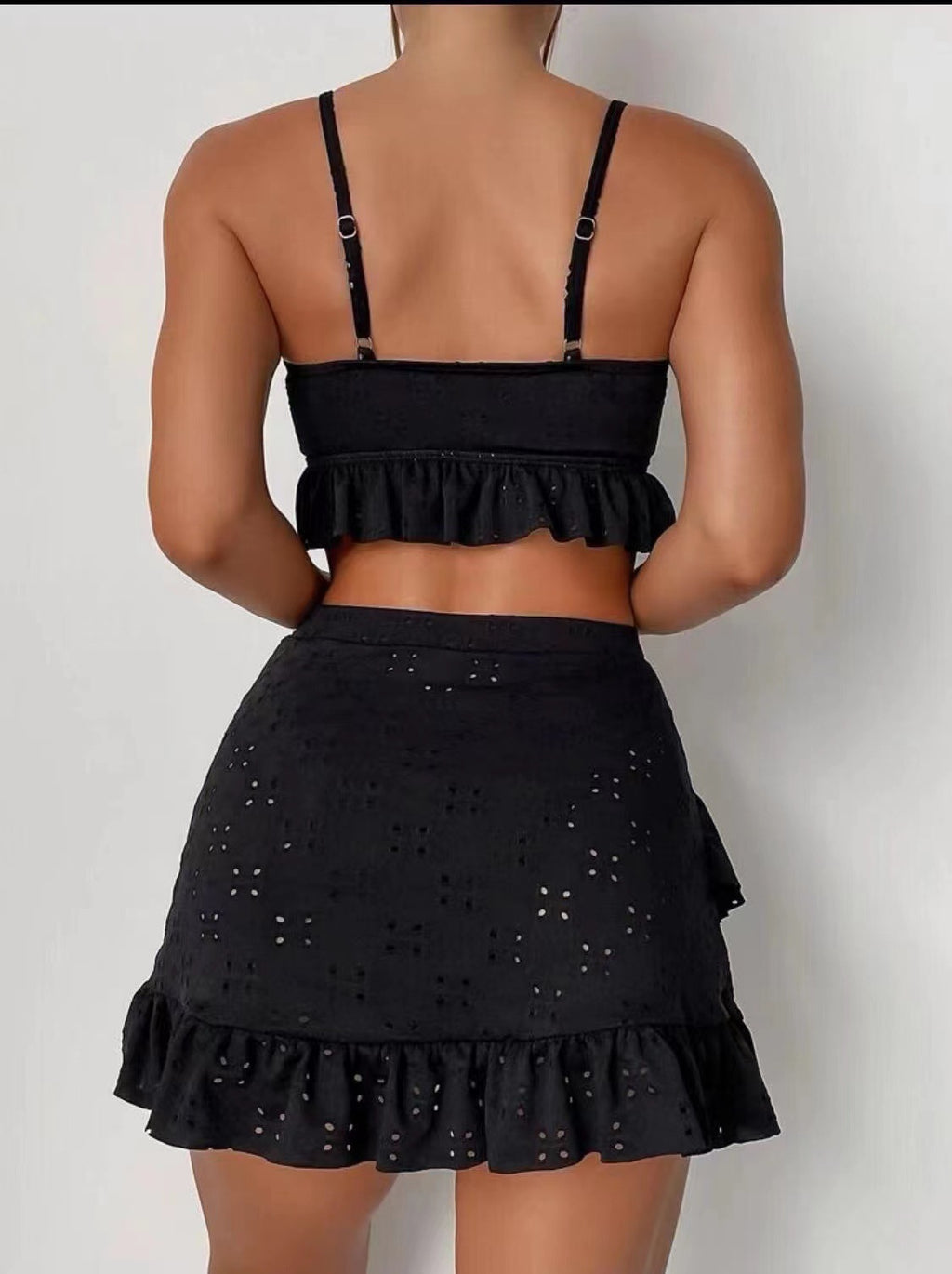 Eyelet Tie Front Bikini and Ruffle Skirt - Black - 2