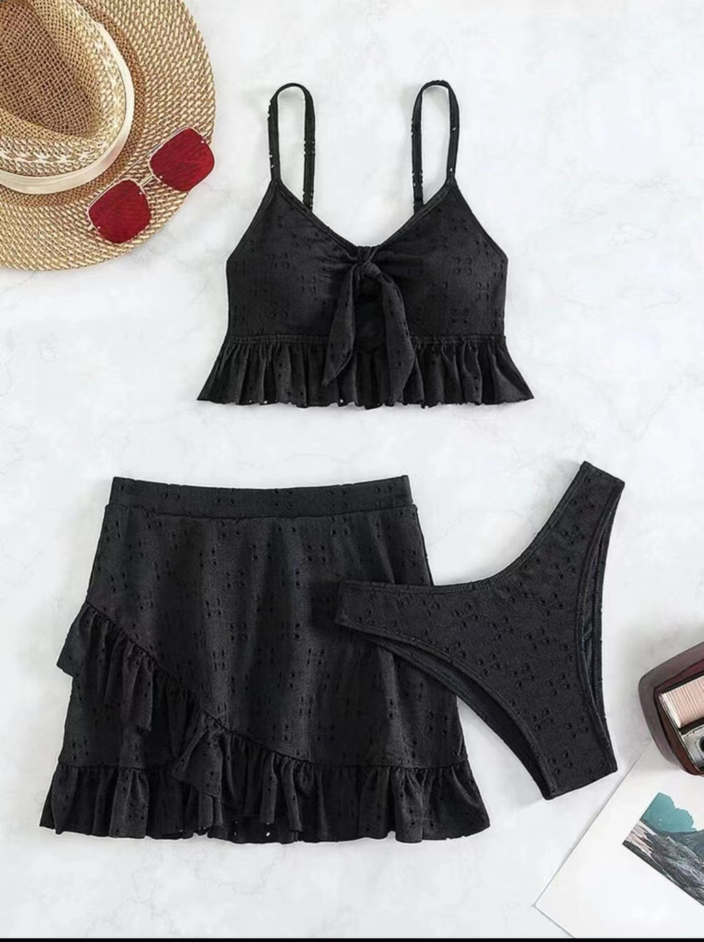 Eyelet Tie Front Bikini and Ruffle Skirt - Black - 3