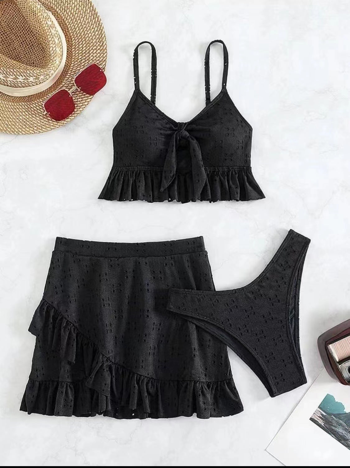 Eyelet Tie Front Bikini and Ruffle Skirt - Black - 3