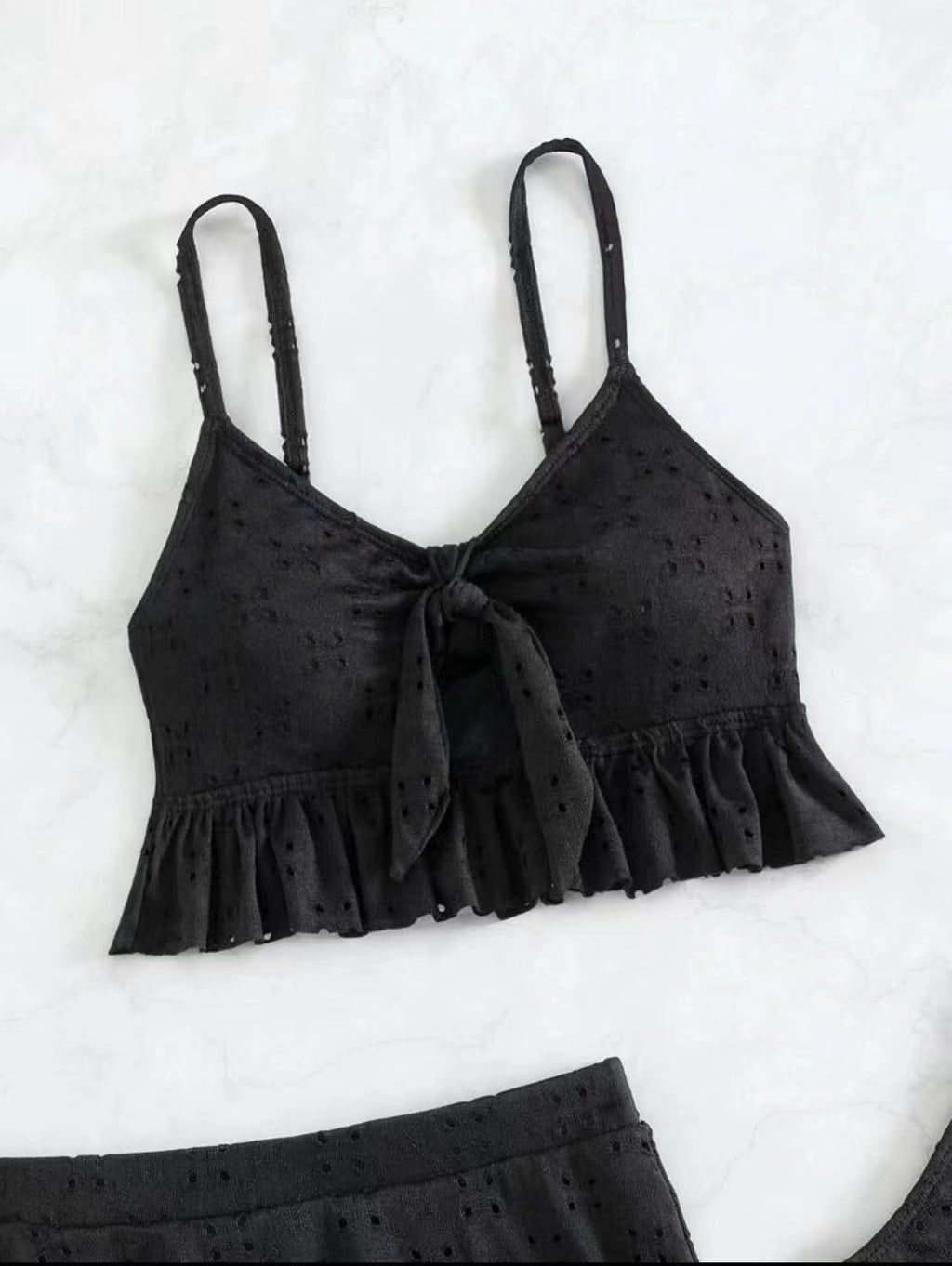Eyelet Tie Front Bikini and Ruffle Skirt - Black - 4