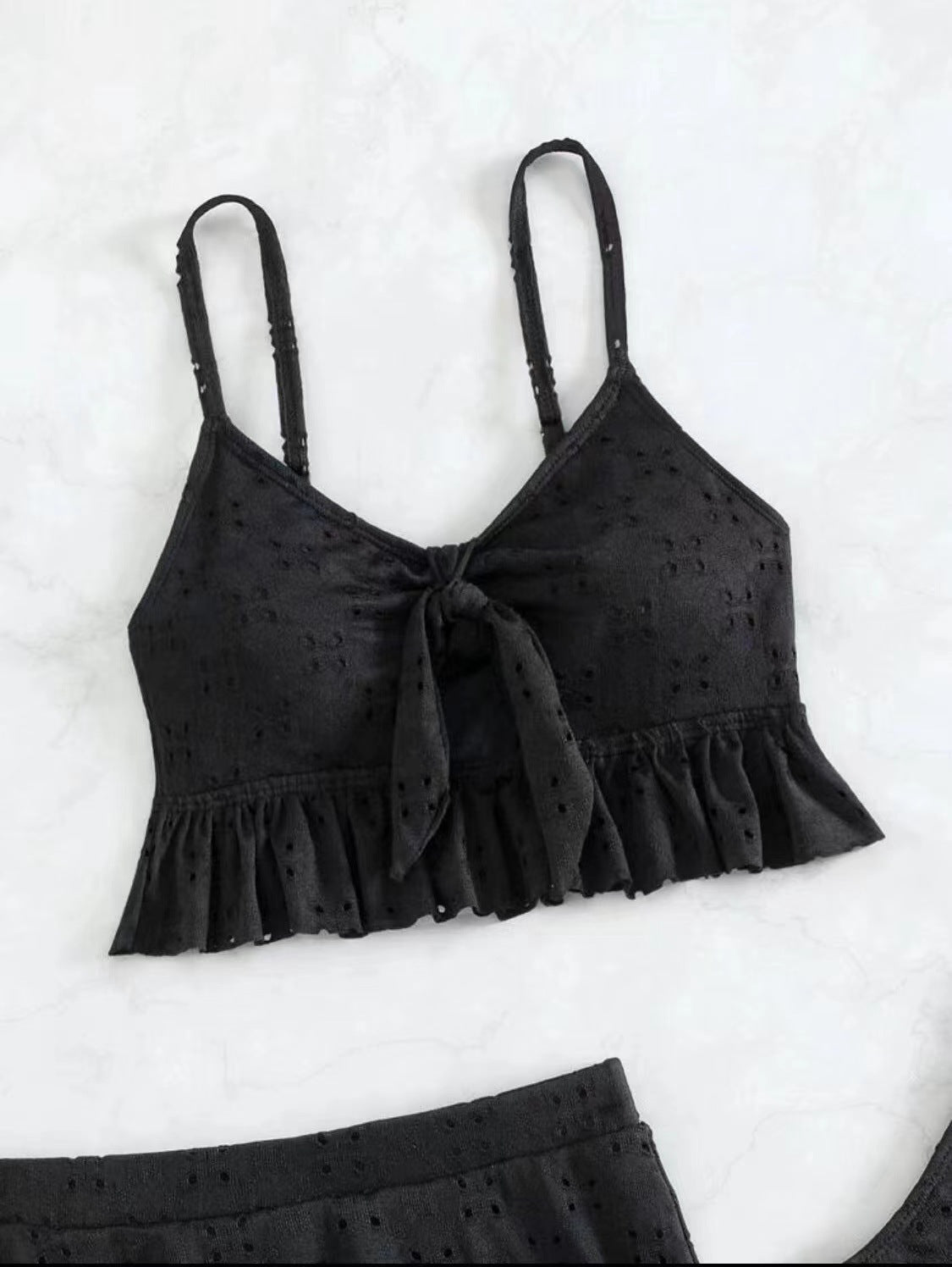 Eyelet Tie Front Bikini and Ruffle Skirt - Black - 4