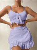 Eyelet Tie Front Bikini and Ruffle Skirt - Purple