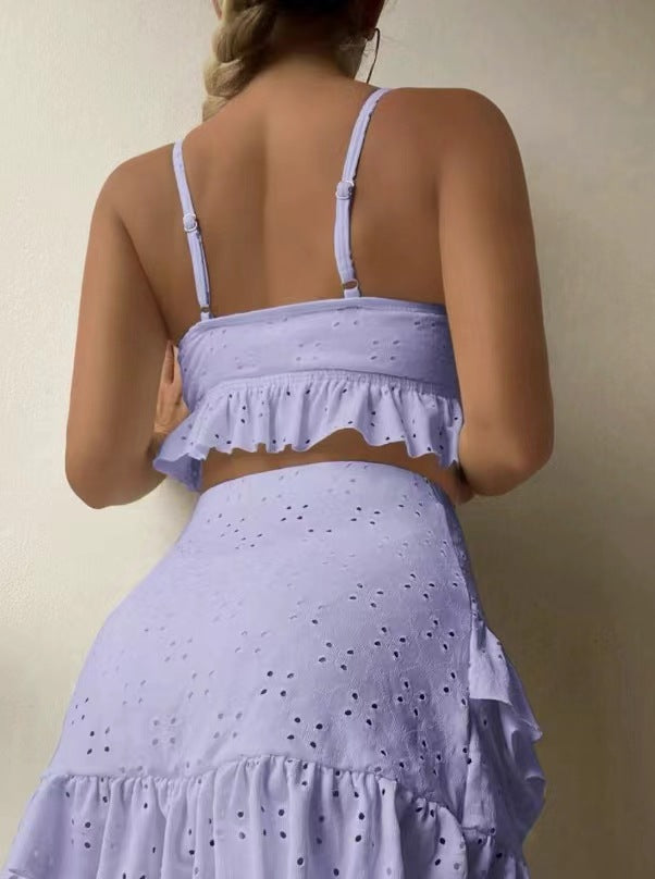 Eyelet Tie Front Bikini and Ruffle Skirt - Purple - 2