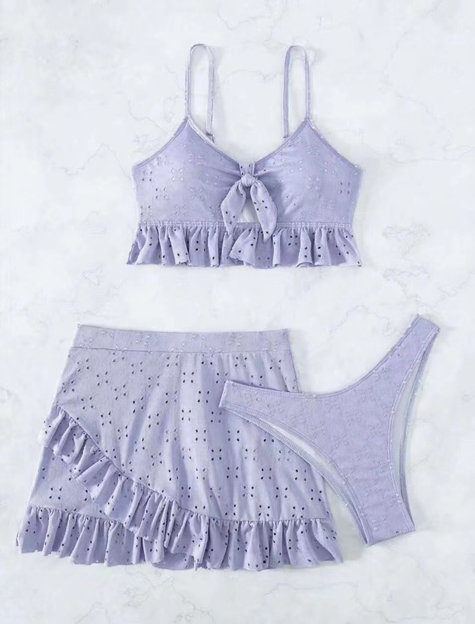 Eyelet Tie Front Bikini and Ruffle Skirt - Purple - 3