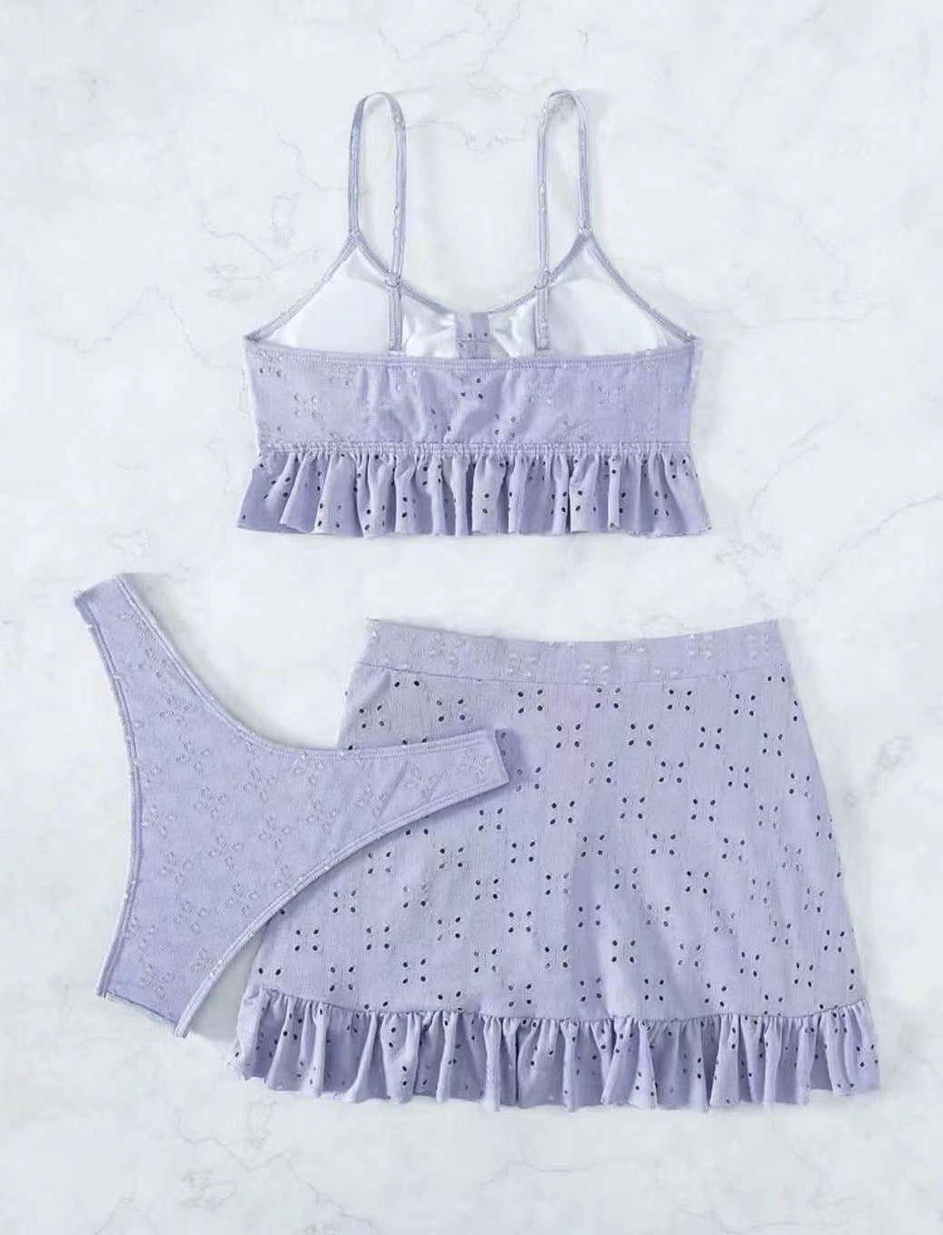 Eyelet Tie Front Bikini and Ruffle Skirt - Purple - 4