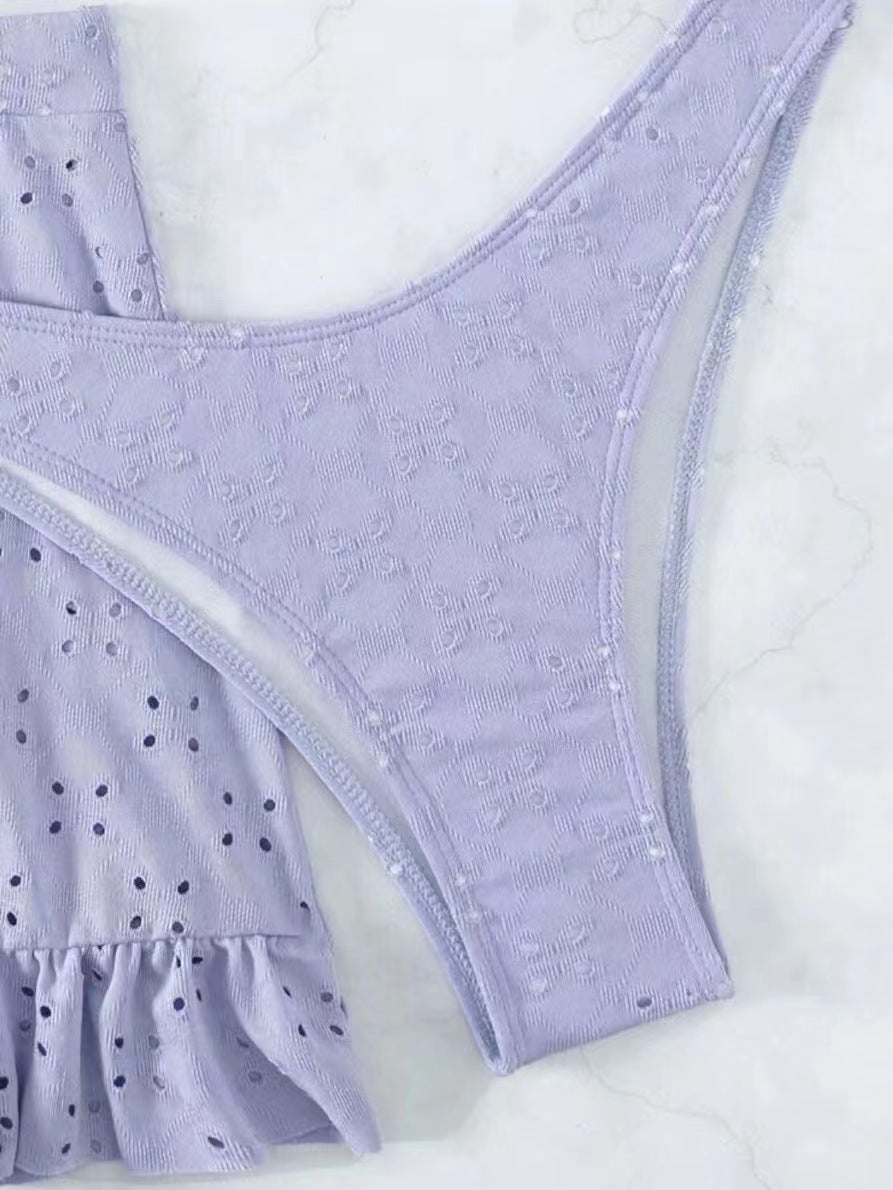 Eyelet Tie Front Bikini and Ruffle Skirt - Purple - 6