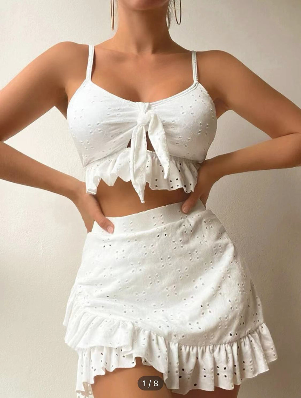 Eyelet Tie Front Bikini and Ruffle Skirt - White