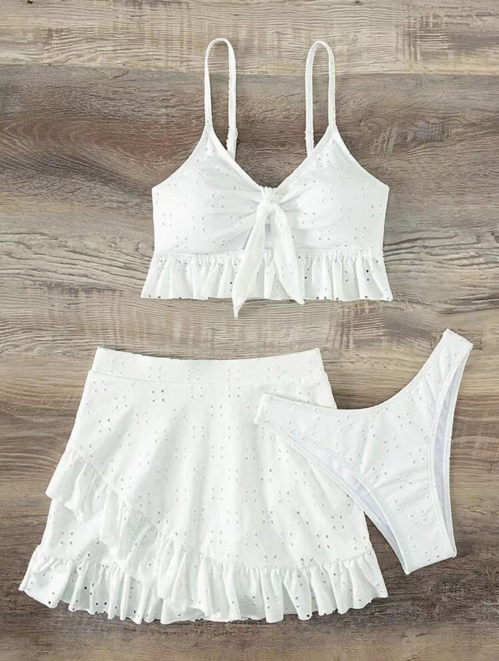 Eyelet Tie Front Bikini and Ruffle Skirt - White - 3