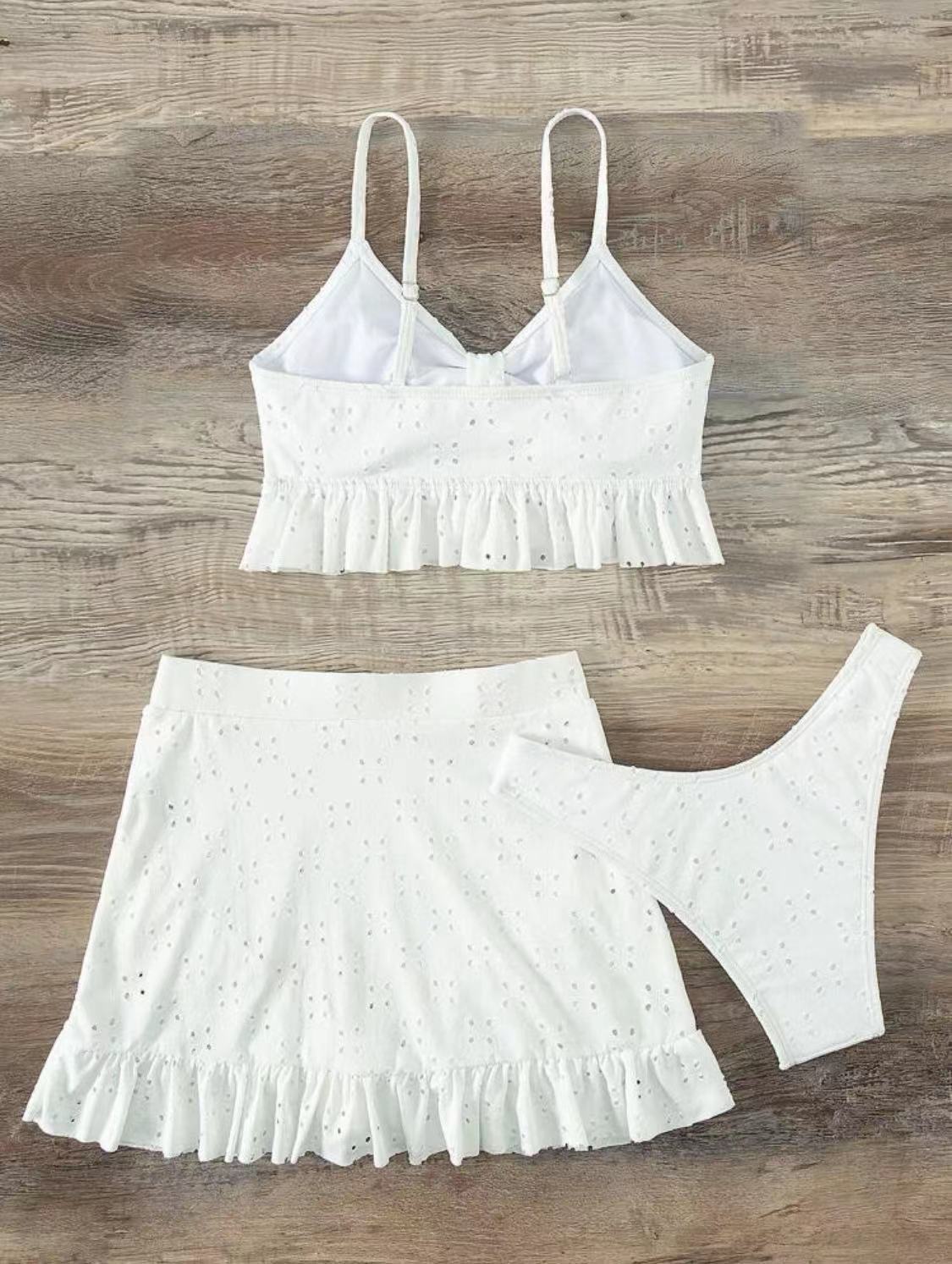 Eyelet Tie Front Bikini and Ruffle Skirt - White - 4