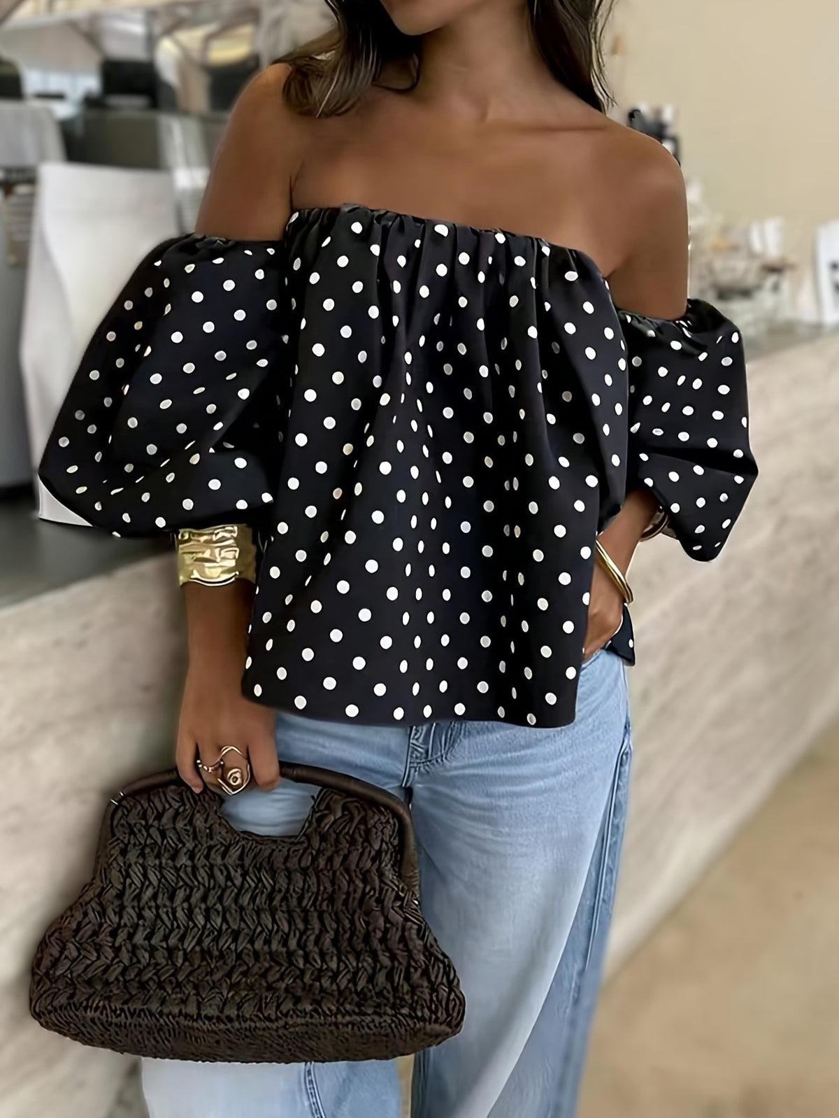 Polka Dot Puff Sleeve Off Shoulder Blouse - Black