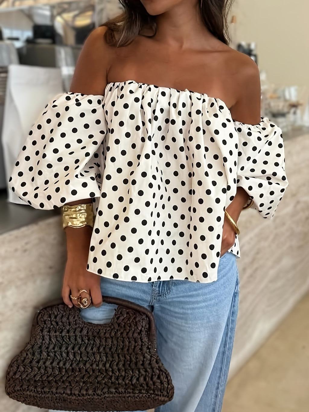 Polka Dot Puff Sleeve Off Shoulder Blouse - White