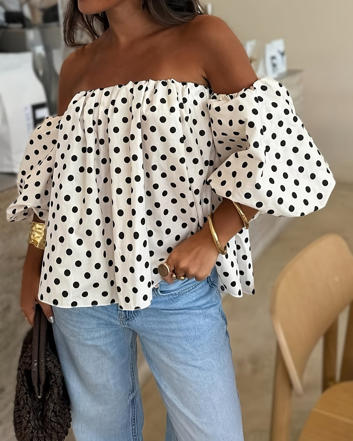 Polka Dot Puff Sleeve Off Shoulder Blouse - White - 1