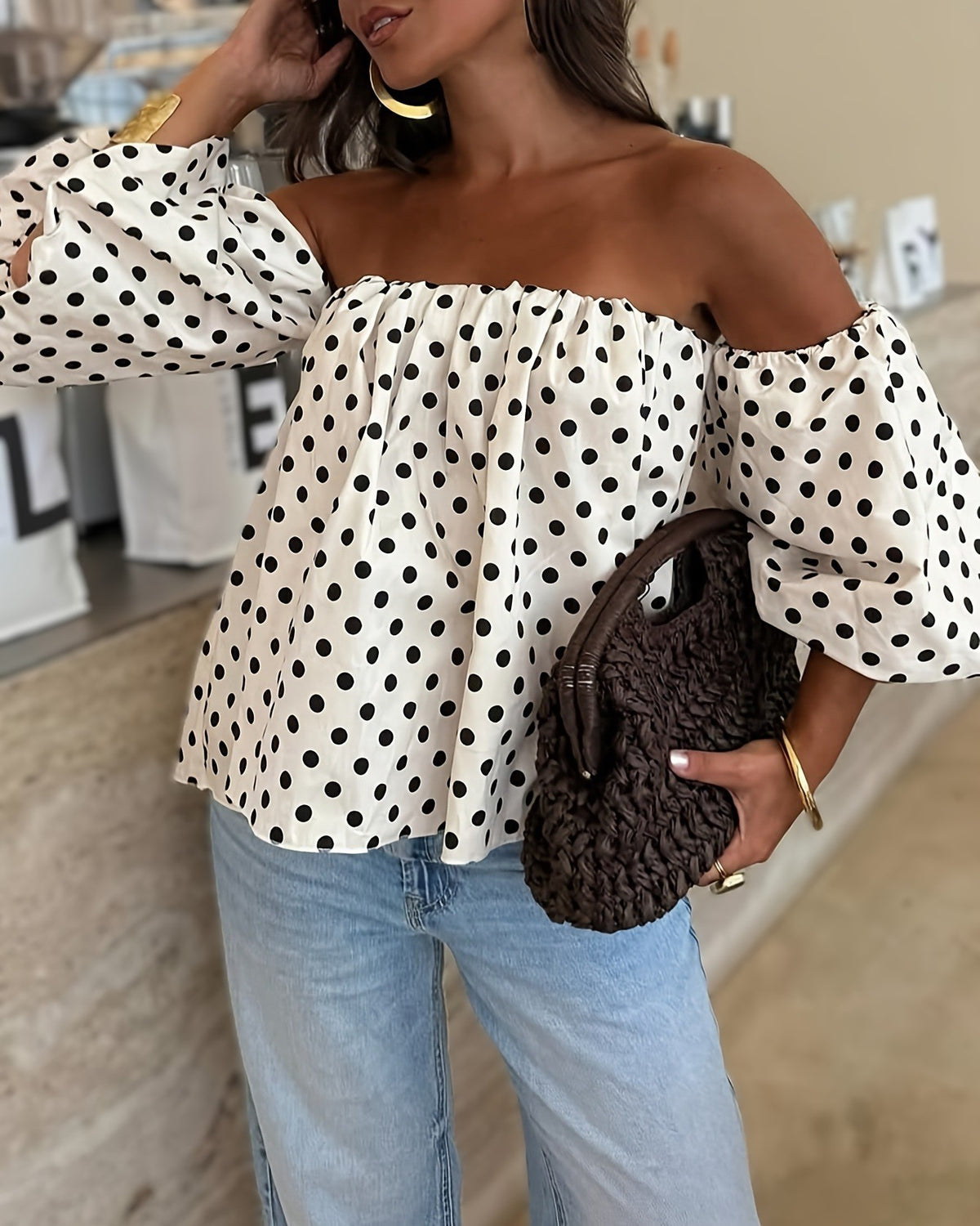 Polka Dot Puff Sleeve Off Shoulder Blouse - White - 2