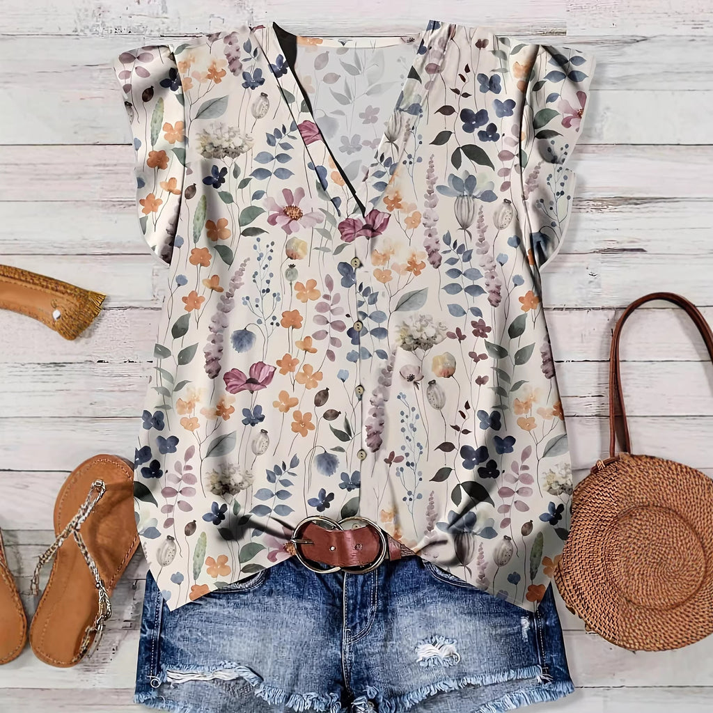 Ruffle Cap Sleeve Button Front Blouse - Apricot