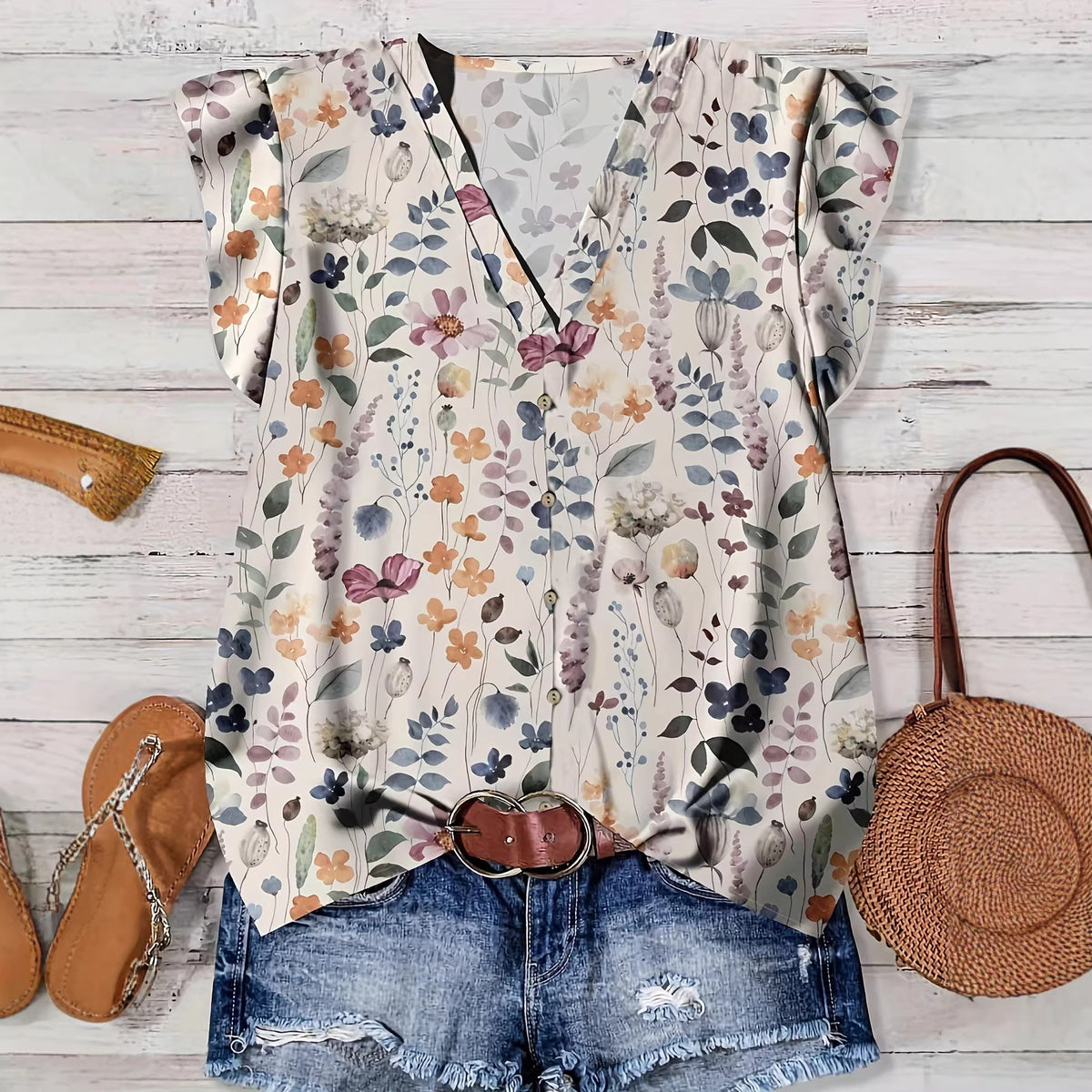 Ruffle Cap Sleeve Button Front Blouse - Apricot