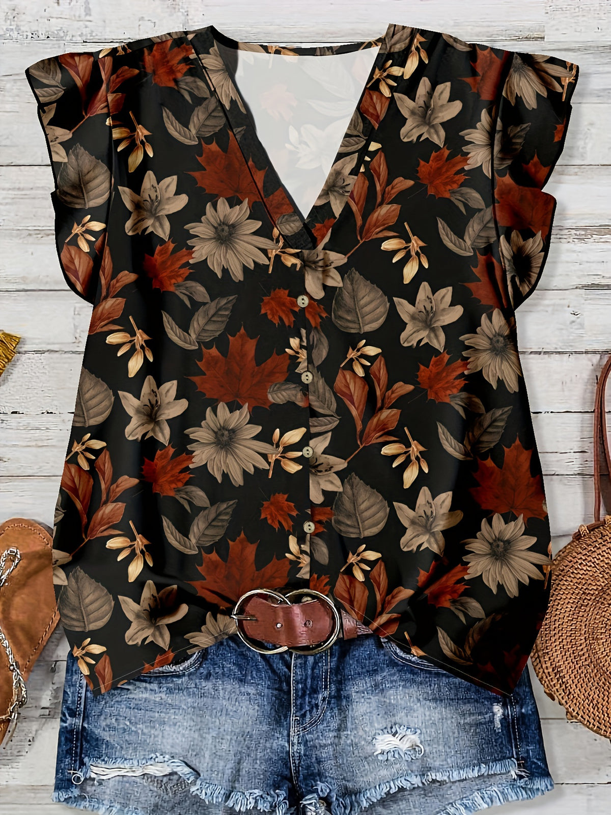 Ruffle Cap Sleeve Button Front Blouse - Black1