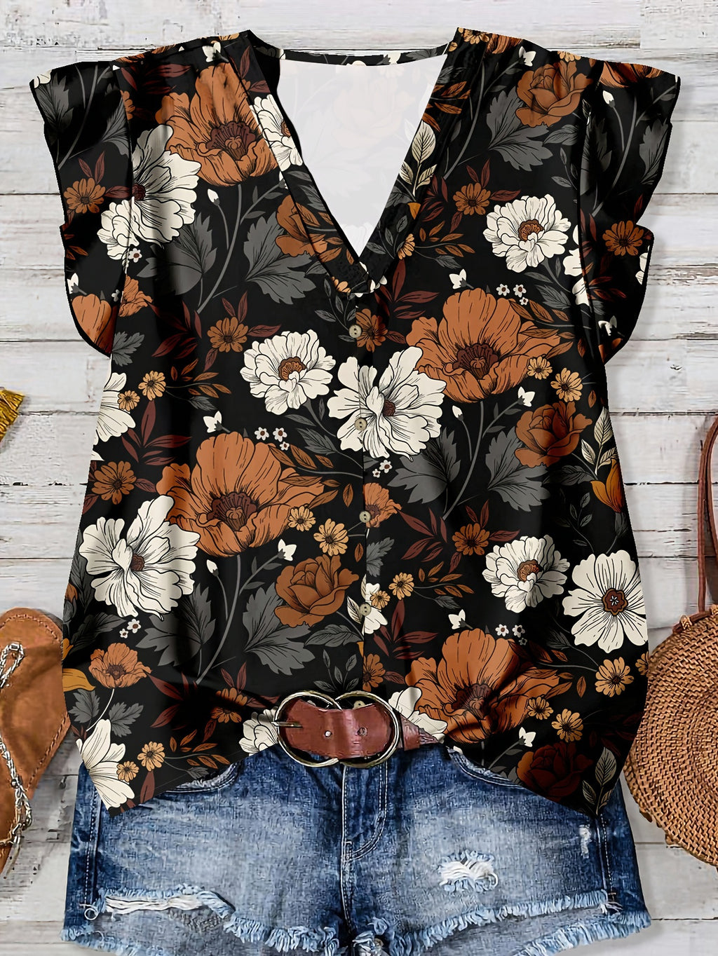 Ruffle Cap Sleeve Button Front Blouse - Black2