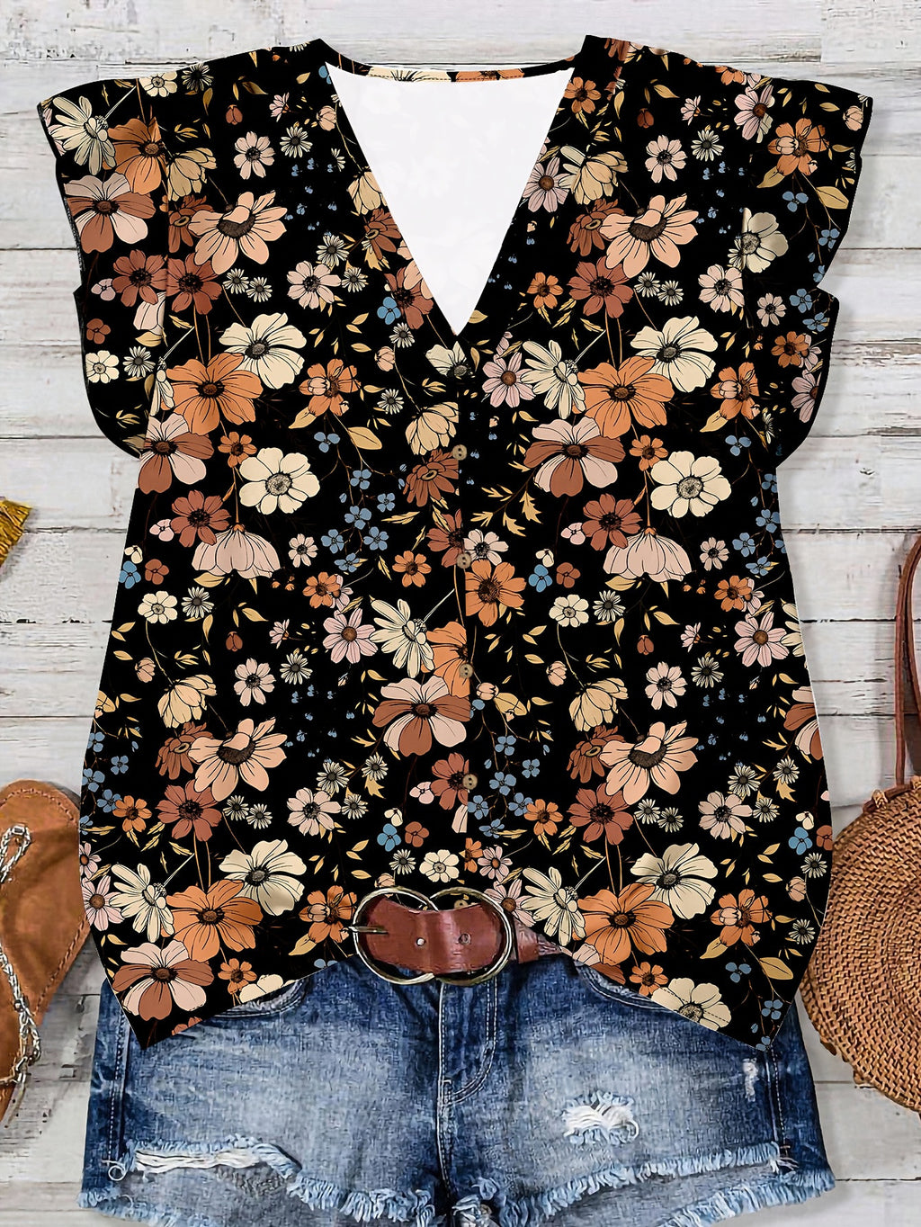 Ruffle Cap Sleeve Button Front Blouse - Black3