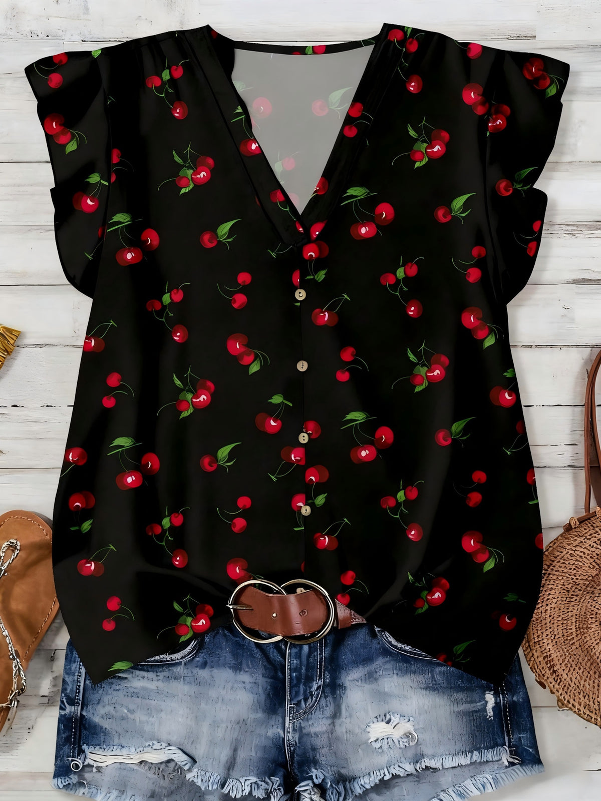 Ruffle Cap Sleeve Button Front Blouse - Black4