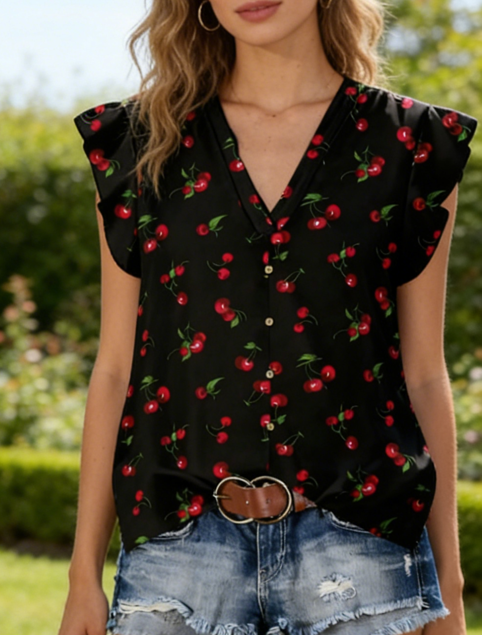 Ruffle Cap Sleeve Button Front Blouse - Black4 - 2