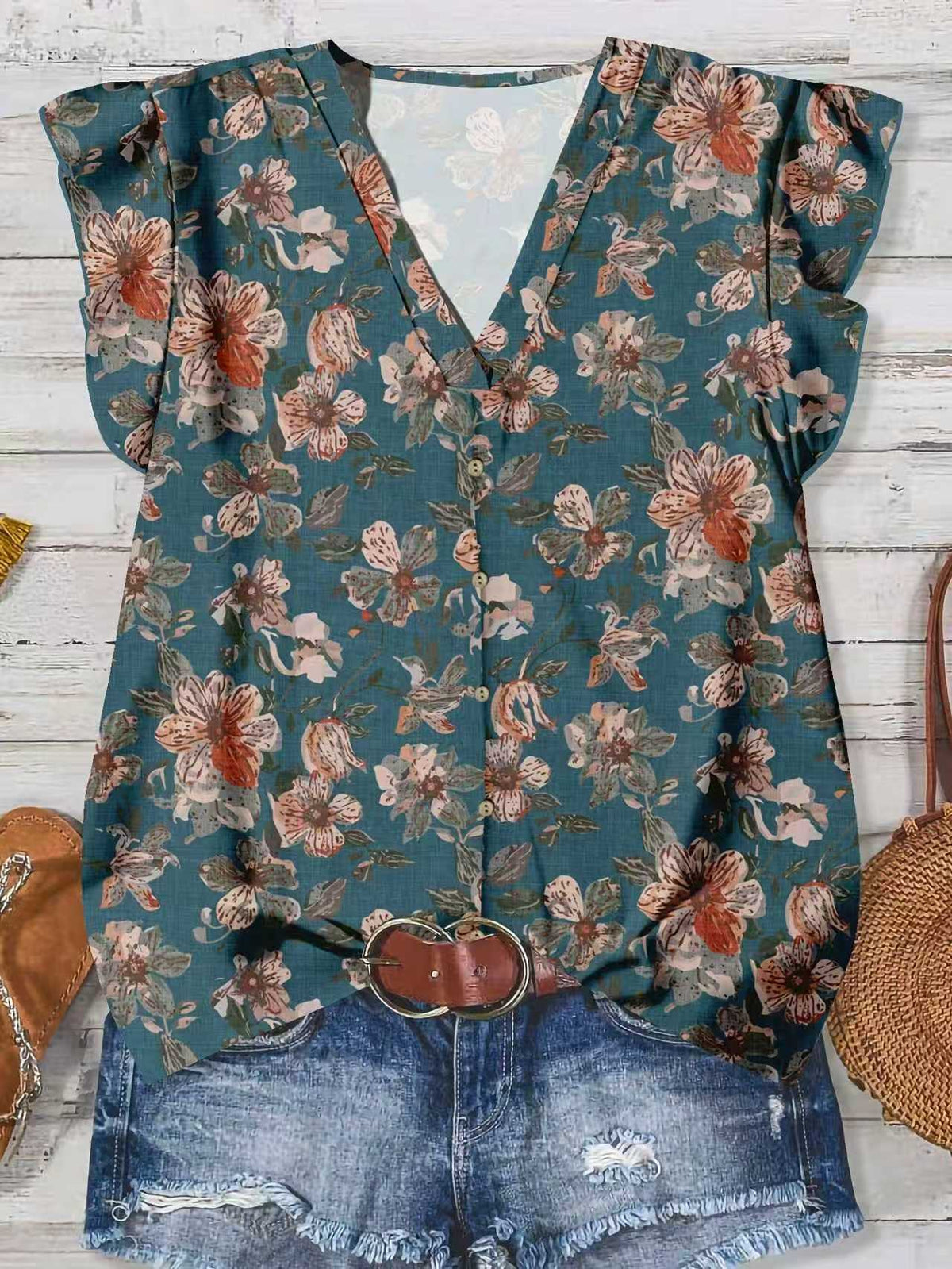 Ruffle Cap Sleeve Button Front Blouse - Blue