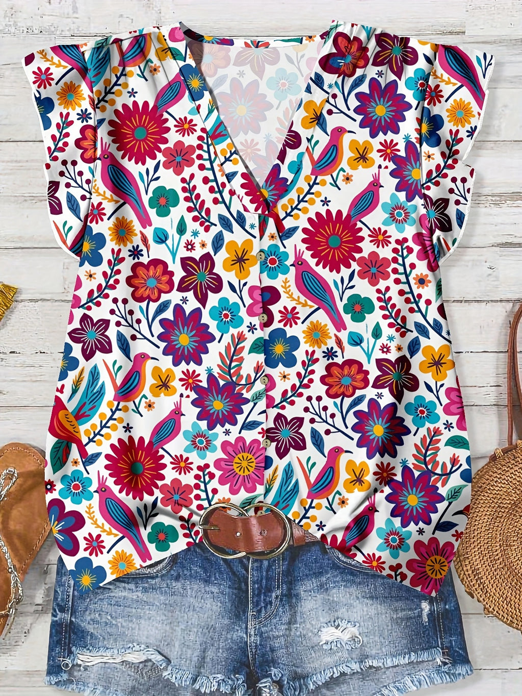 Ruffle Cap Sleeve Button Front Blouse - BlueRed - 1