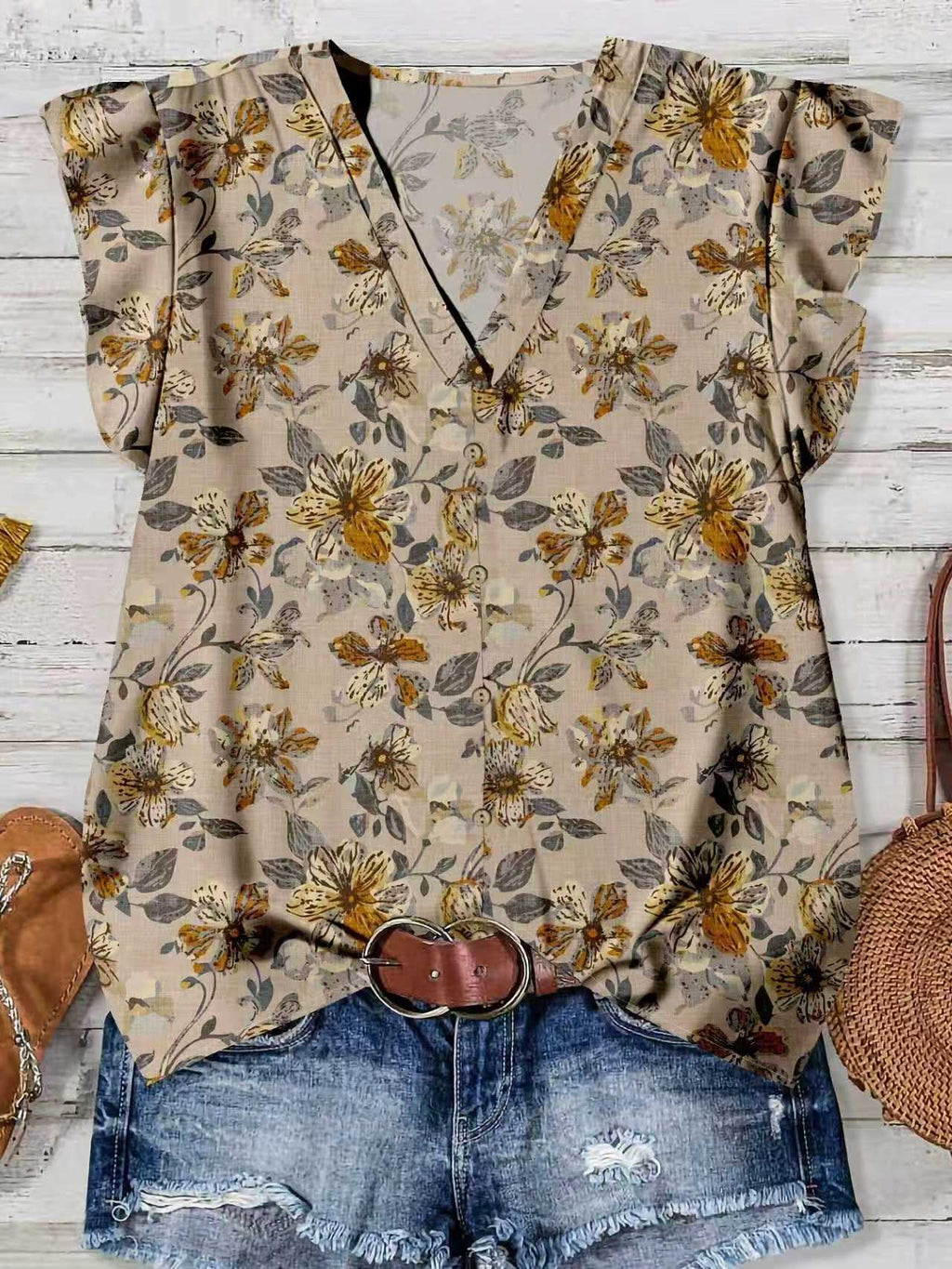 Ruffle Cap Sleeve Button Front Blouse - Ginger