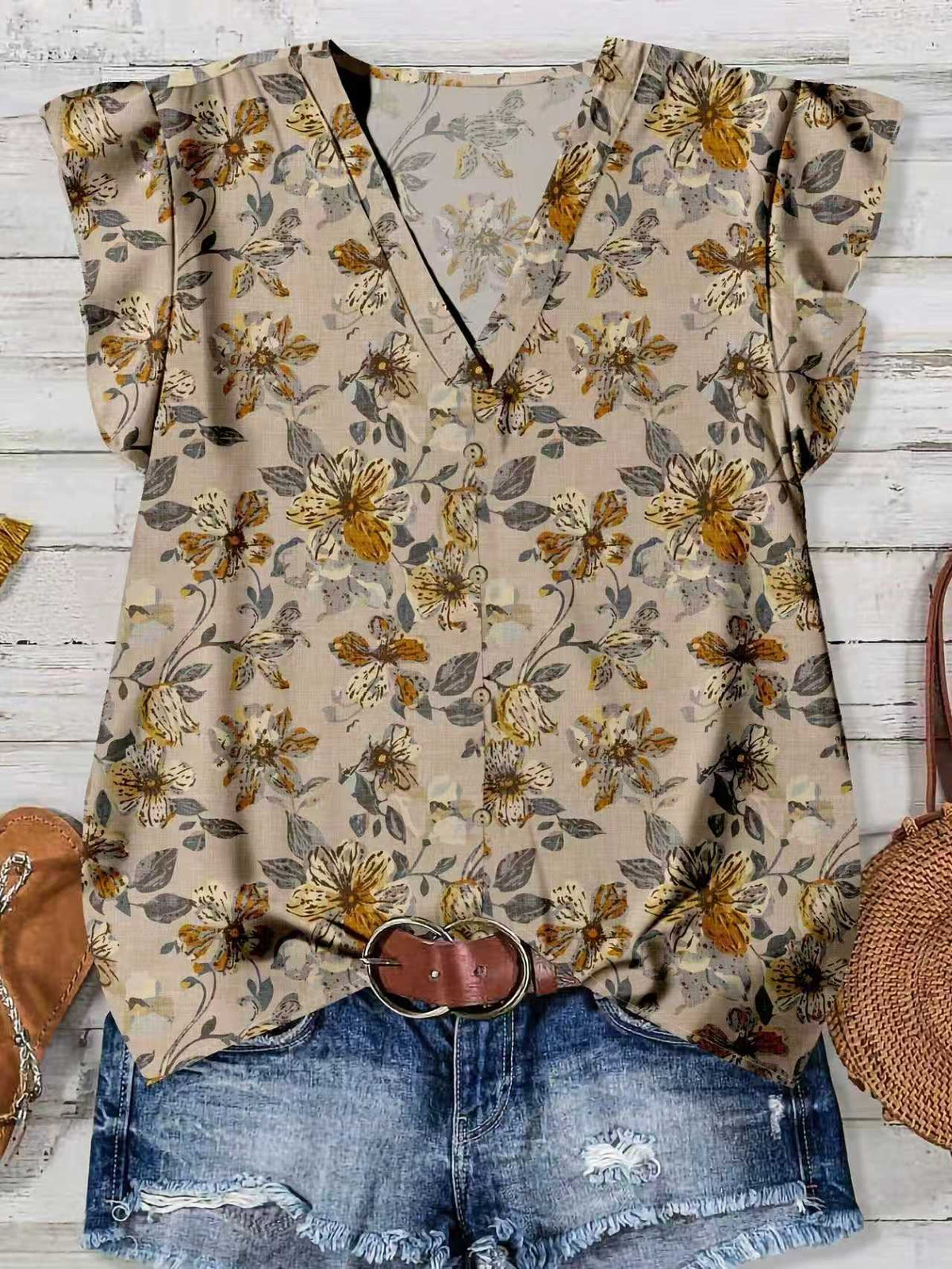 Ruffle Cap Sleeve Button Front Blouse - Ginger
