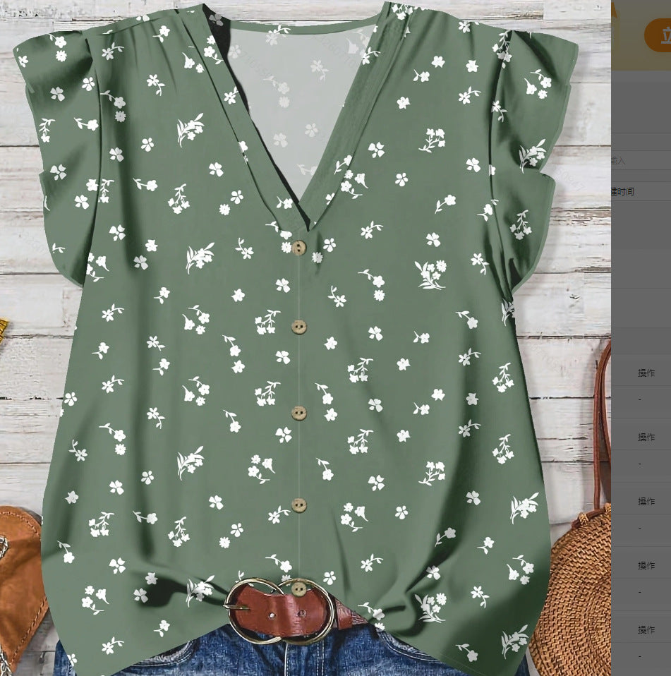Ruffle Cap Sleeve Button Front Blouse - Green