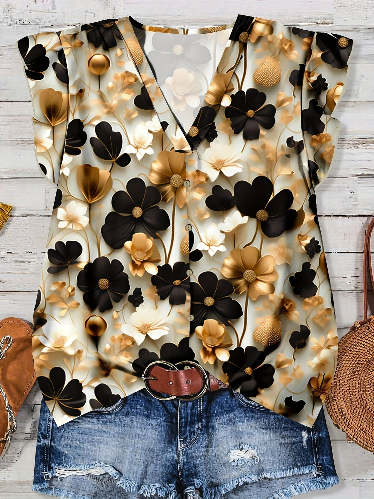 Ruffle Cap Sleeve Button Front Blouse - Khaki
