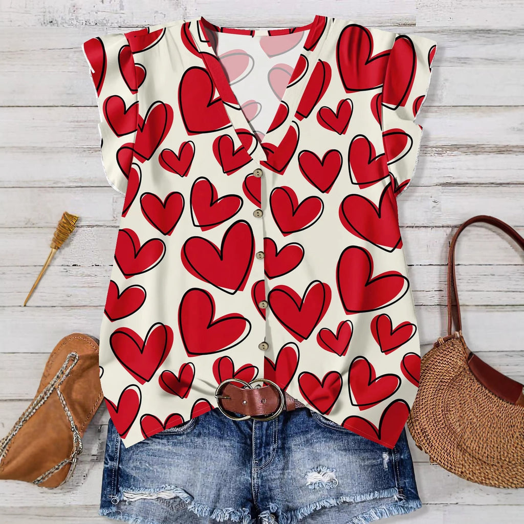 Ruffle Cap Sleeve Button Front Blouse - Love1