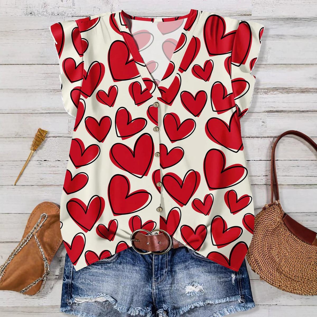 Ruffle Cap Sleeve Button Front Blouse - Love1
