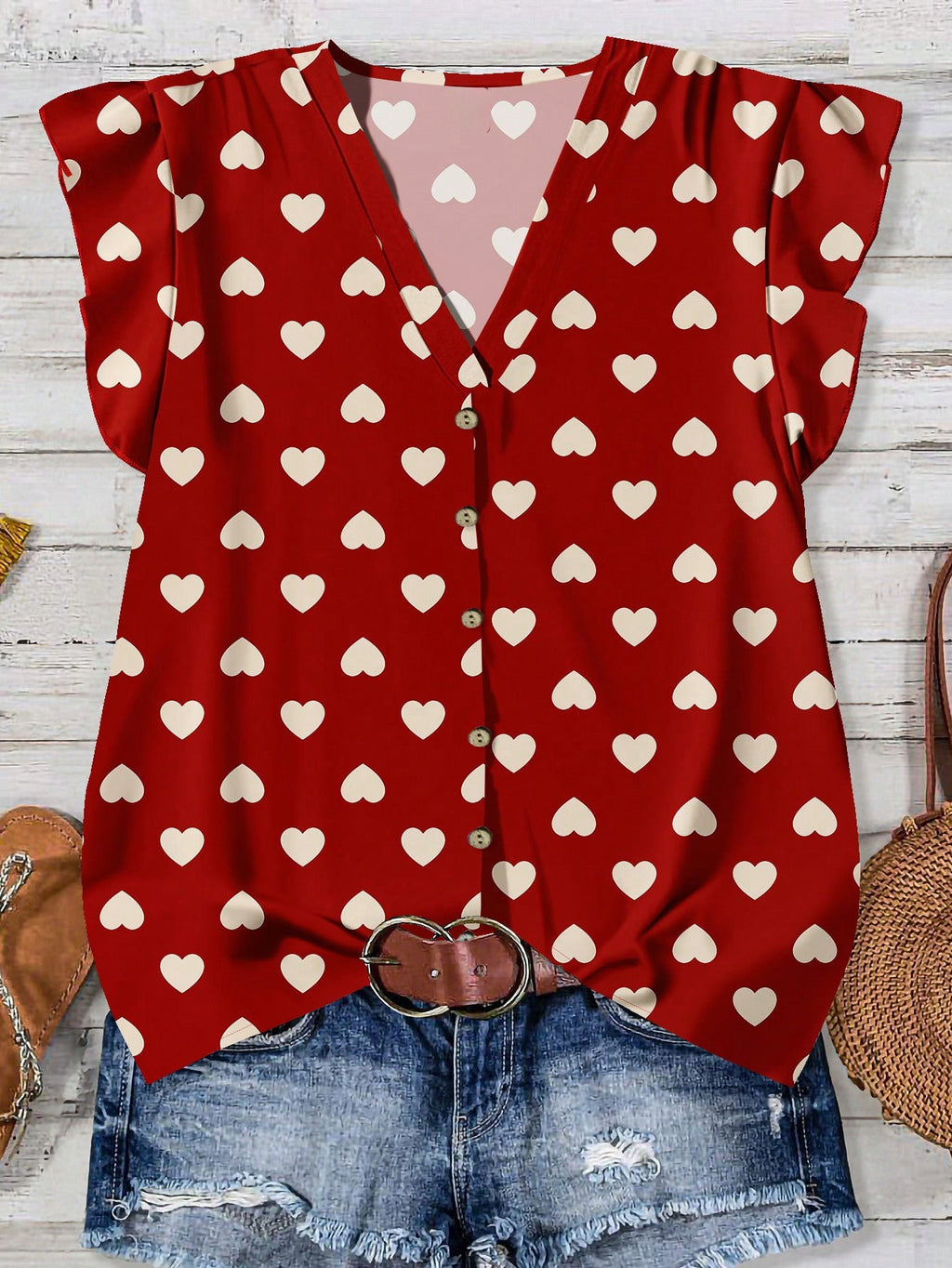 Ruffle Cap Sleeve Button Front Blouse - Love3