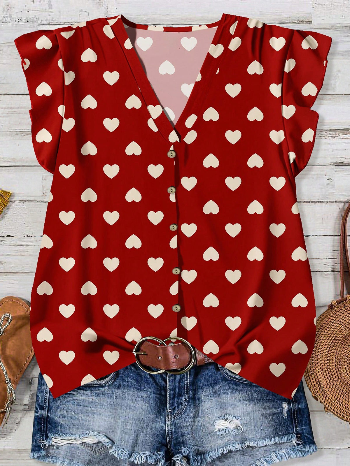 Ruffle Cap Sleeve Button Front Blouse - Love3