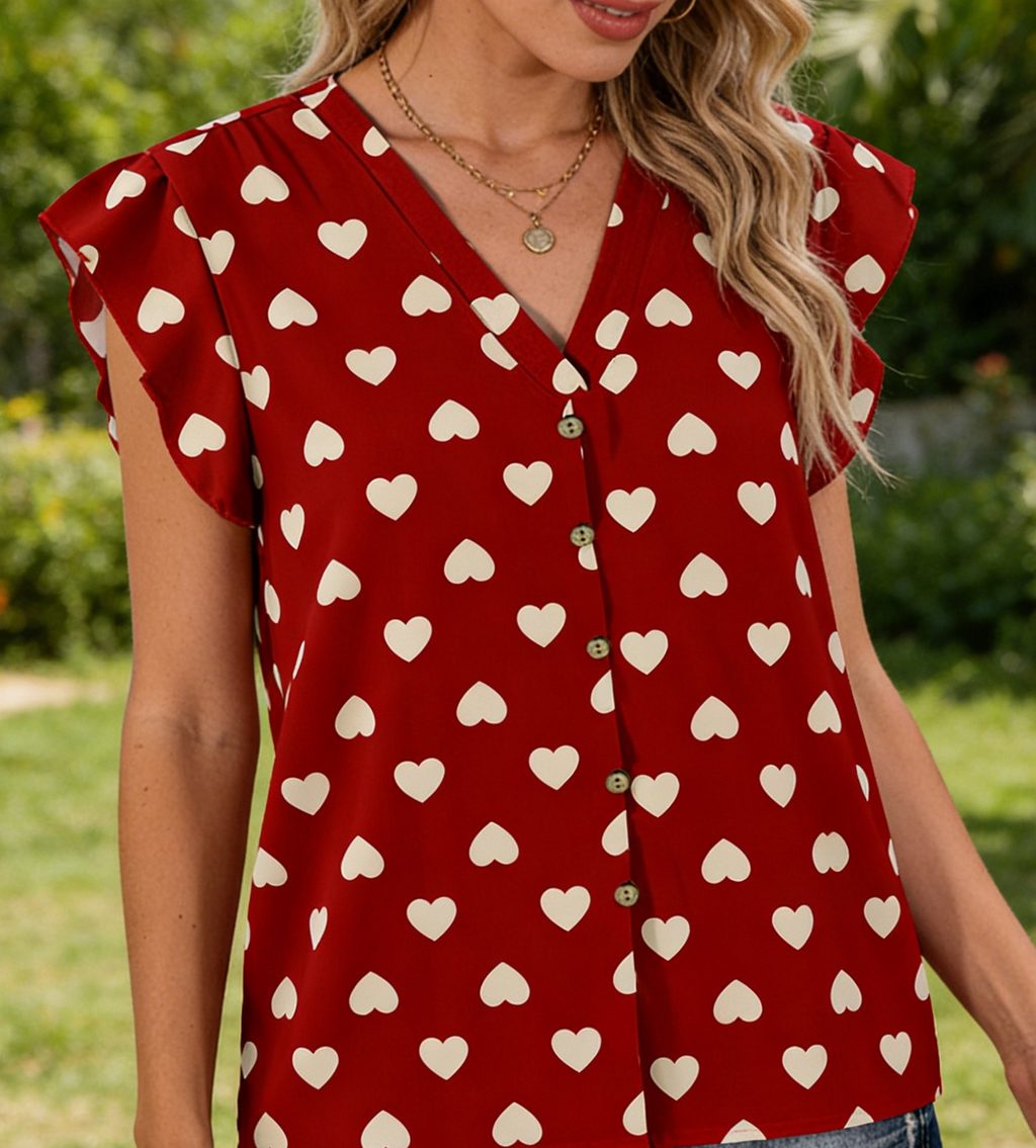 Ruffle Cap Sleeve Button Front Blouse - Love3 - 1