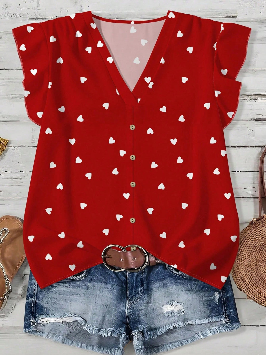 Ruffle Cap Sleeve Button Front Blouse - Red