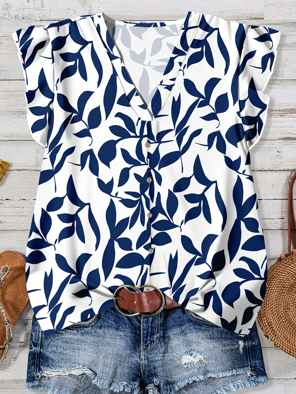 Ruffle Cap Sleeve Button Front Blouse - SkyBlue
