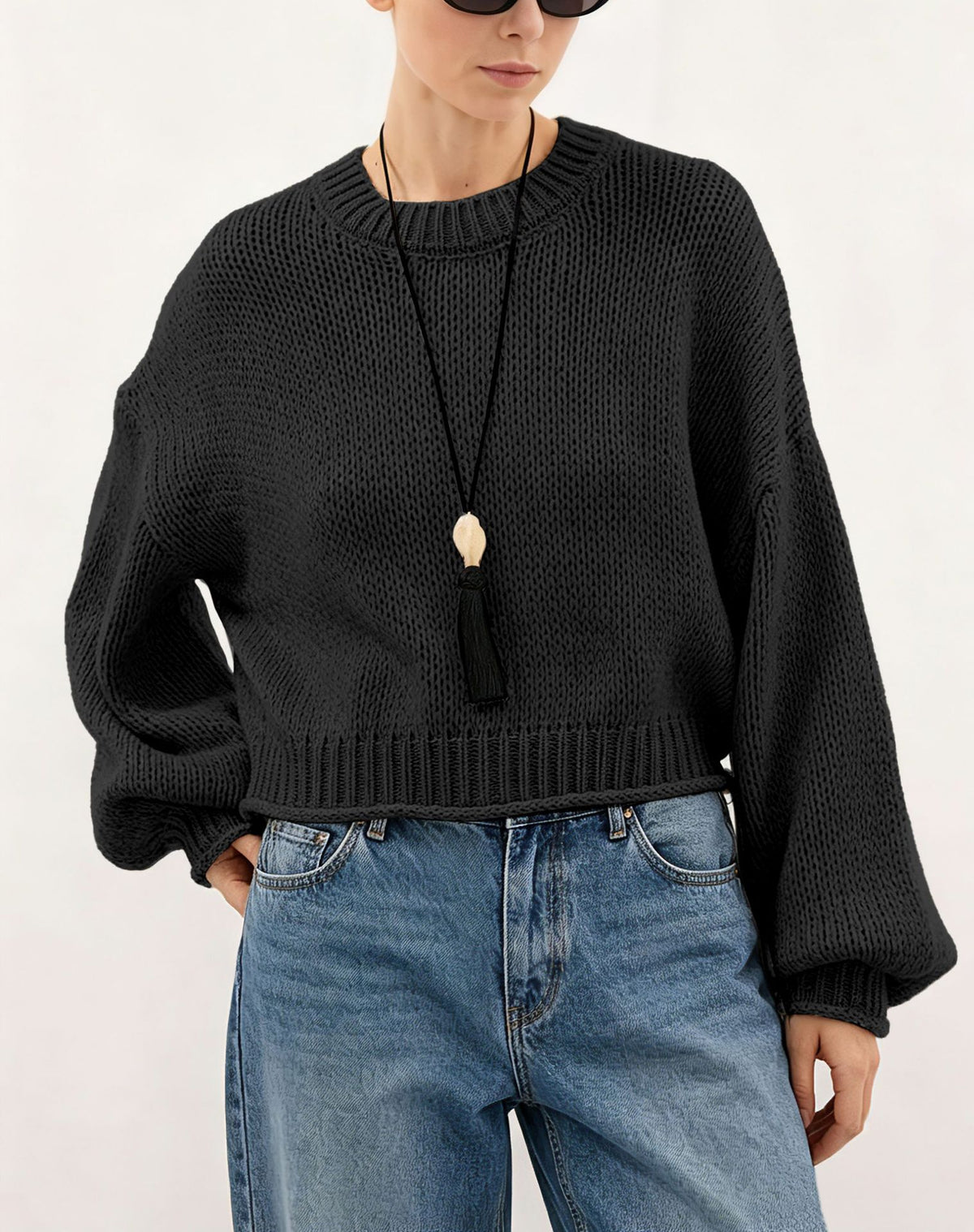 Chunky Balloon Sleeve Cropped Knit Sweater - Black